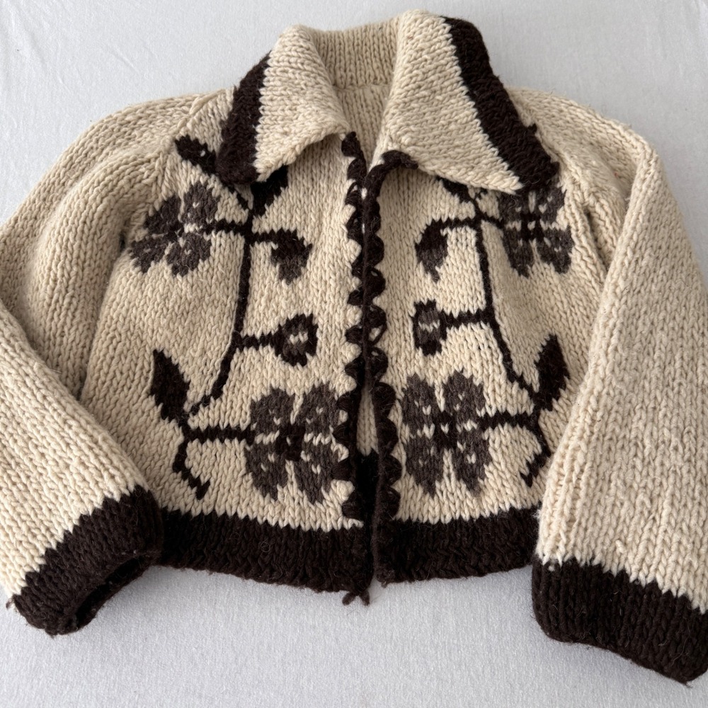 Hand Knit Cardigan Women Small Floral Wool Chunky Cream Brown Sweater Cottage